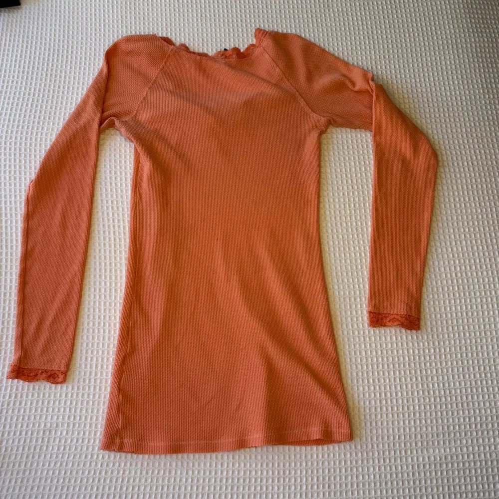 Free People Coral Orange Waffle Knit Lace Trim Thermal Top Sweetheart Neck S